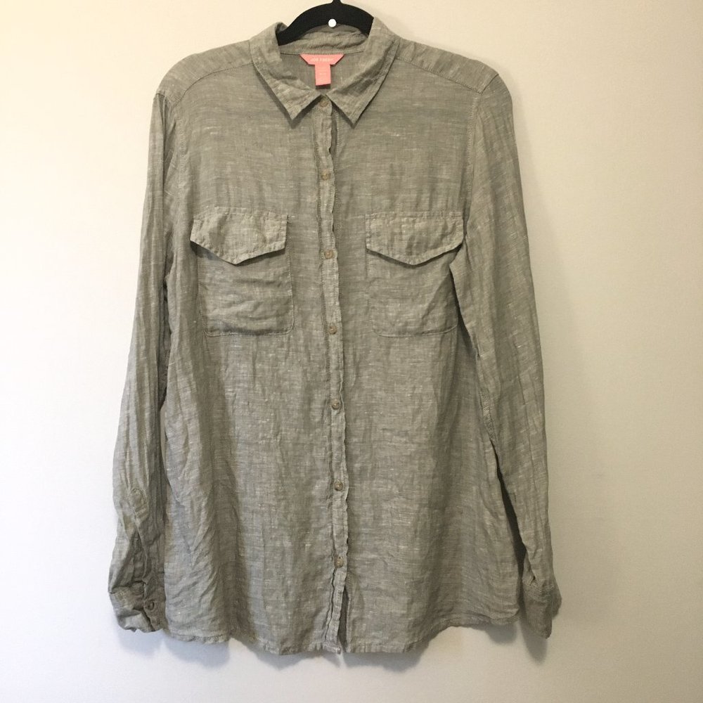 100% Linen Neutral Beige Button Down Utility Shirt Oversized XS Coastal Joe Fres - Picture 4 of 13